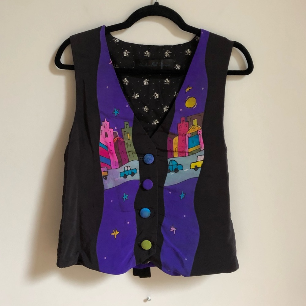Heather Bell Designs 100% Handprinted Silk City Line Scene Vest